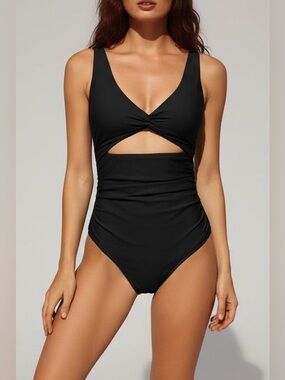 Classic Black V-Neck High Cut Backless Cut Out Tummy Control One Piece Swimsuit